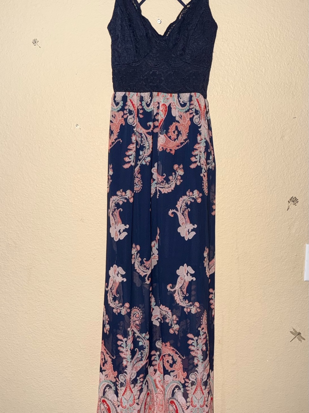 Trixxi Navy and Pink Paisley Maxi Dress with Black Lace Bodice and Open Back